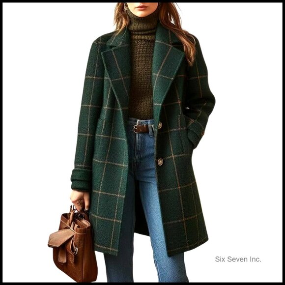 Wool Notched Collar Plaid Trench Coat Button Down Mid Long Overcoat